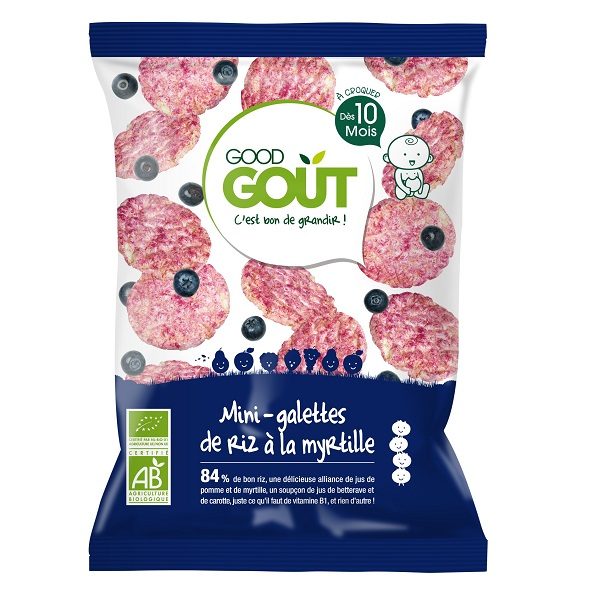 GOOD GOUT MAROC- MINI GALETTES DE RIZ A LA MYRTILLE 40G DIVERSIFICATION ALIMENTAIRE. IDEE CADEAU BEBE. GOUTER. Livraison gratuite et partout au Maroc. Magasin BIO POUR BEBES. FRAIS DE PORT GRATUITS