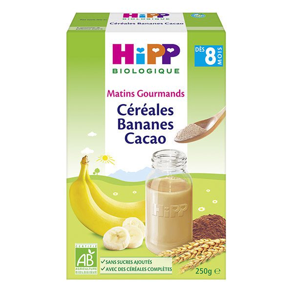 HIPP MAROC- CEREALES BANANE CACAO 250G DIVERSIFICATION ALIMENTAIRE. IDEE CADEAU BEBE. NAISSANCE. Livraison gratuite et partout au Maroc. Magasin BIO POUR BEBES. FRAIS DE PORT GRATUITS