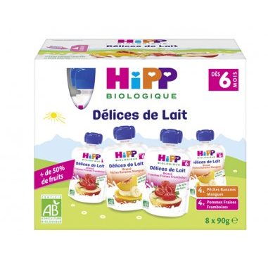 HIPP MAROC hipp-delice-de-lait-gourdes-multipack-brassees-8-x-100-g-des-6-mois DIVERSIFICATION ALIMENTAIRE. IDEE CADEAU BEBE. GOUTER. Livraison gratuite et partout au Maroc. Magasin BIO POUR BEBES. FRAIS DE PORT GRATUITS