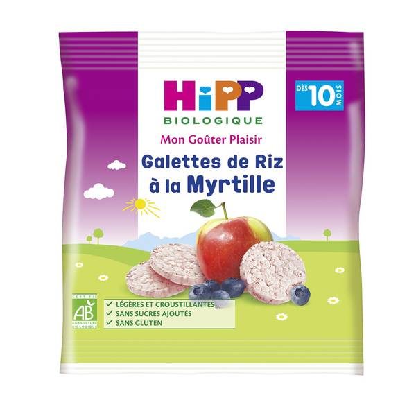 HIPP MAROC GALETTES DE RIZ A LA MYRTILLE sans sucres ajoutés sans colorants DIVERSIFICATION ALIMENTAIRE. IDEE CADEAU BEBE. GOUTER. Livraison gratuite et partout au Maroc. Magasin BIO POUR BEBES. FRAIS DE PORT GRATUITS sans gluten