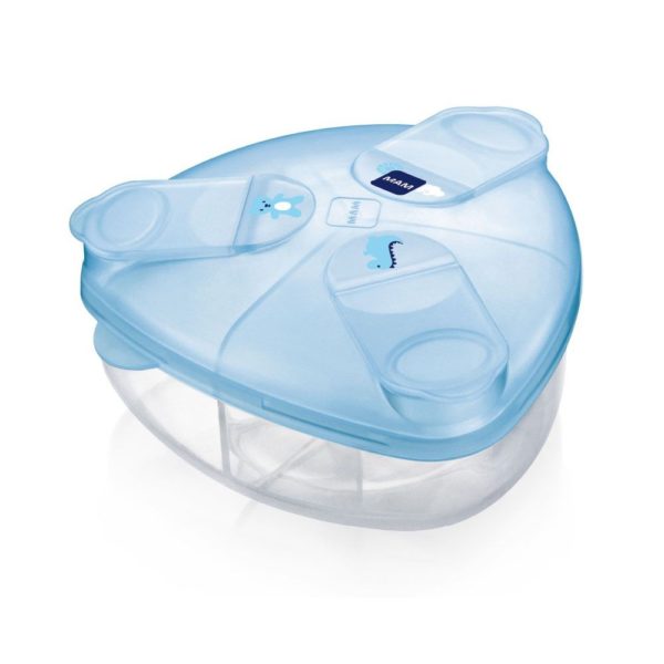 La boite de lait en poudre 3 compartiments MAM permet le remplissage aisé des biberons jusqu'à 3 doses de lait en poudre disponible au magasin bio pour bébés à casablanca ou en livraison gratuite partout au maroc