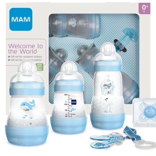 MAM MAROC set cadeau bébé garçon bleu biberon sucette attache sucette anti coliques sans BPA en livraison partout au Maroc et disponible dans notre magasin bio pour bébés à casablanca