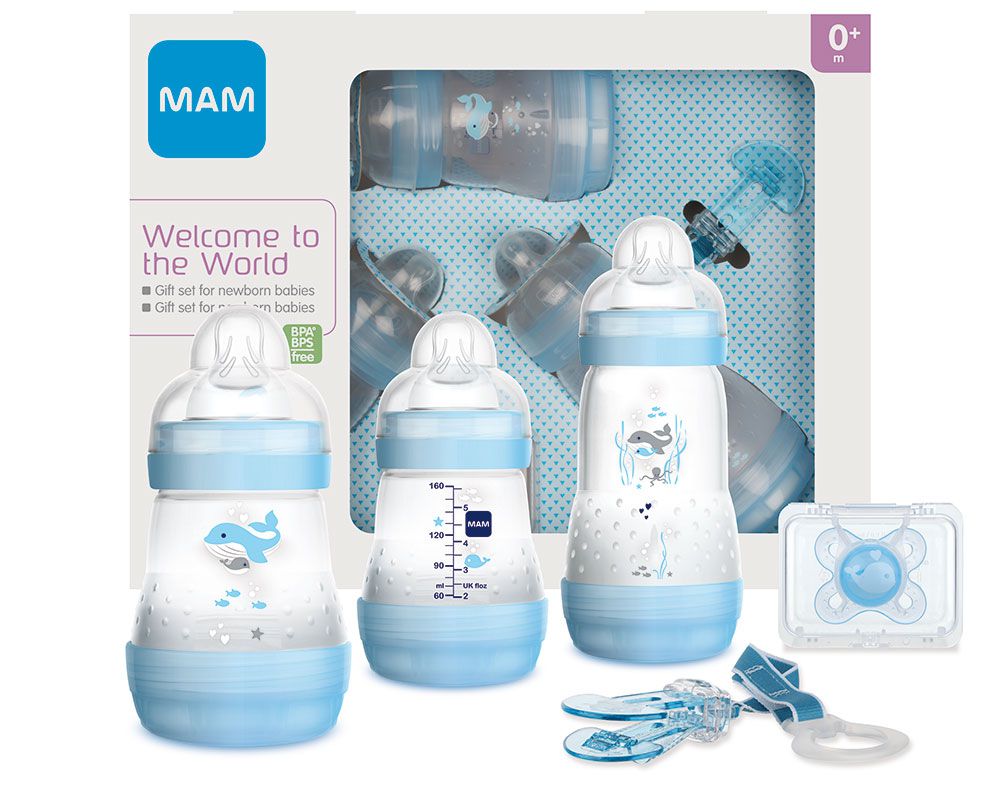 MAM MAROC set cadeau bébé garçon bleu biberon sucette attache sucette anti coliques sans BPA en livraison partout au Maroc et disponible dans notre magasin bio pour bébés à casablanca
