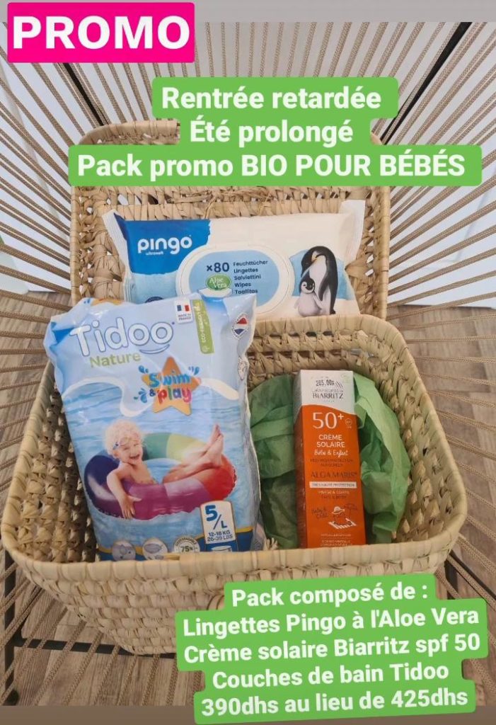 2 - Le pack Indien Summer spécial rentrée composé de lingettes PINGO hypoallergéniques, couches de bain TIDOO hypoallergéniques et spray protection solaire SPF50 bio à 390dhs au lieu de 425dhs