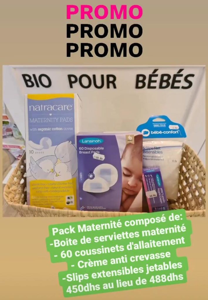 4 - Bonus rentrée scolaire : Le pack Maternité bio composé de boite de serviettes maternité, 60 coussinets d'allaitement, crème anti-crevasse et slips extensibles jetables à 450dhs au lieu de 488dhs