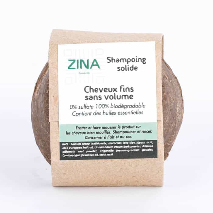 Le shampoing solide Zina pour cheveux fins et sans volumes à base d’huiles essentielles est fait à la main au Maroc avec des ingrédients 100% d’origine naturelle et sans sulfates et silicones. Grâce à la synergie de la cannelle, du fenugrec et huile essentielle de lemon grass, vos cheveux retrouveront force, brillance et volume. MAGASIN BIO MAROC CASABLANCA