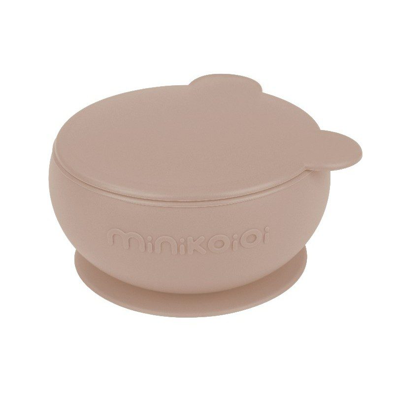 MINIKOIOI BOL AVEC COUVERCLE ET VENTOUSE POUR BEBE EN SILICONE - BEIGE REF  : 101080008 - Bio Pour Bébés