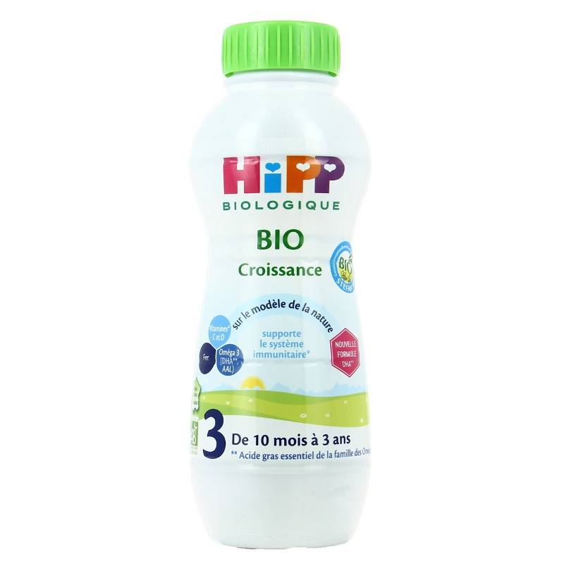 La dernière génération de lait HiPP 3 Croissance BIO contient des ingrédients biologiques soigneusement sélectionnés disponible au magasin bio pour bébés à casablanca ou en livraison partout au maroc 1L