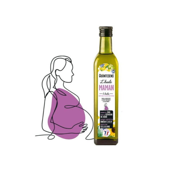 Offrez à votre corps et à celui de votre bébé le meilleur de la nature avec l'huile FUTURE MAMAN QUINTESENS. Spécialement conçue par des nutritionnistes et naturopathes, cette huile unique associe 6 huiles complémentaires, sélectionnées pour leurs bienfaits pendant la grossesse et l'allaitement. Riche en oméga-3, notamment en DHA, un acide gras essentiel au développement du cerveau et de la rétine du bébé, ainsi qu'en vitamine E, un antioxydant puissant, cette huile complète vous apporte les nutriments essentiels pour une grossesse et un allaitement sereins. Son goût subtil et sa texture fluide s'intègrent facilement à votre alimentation quotidienne, vous permettant de prendre soin de vous et de votre bébé en toute simplicité. Une synergie d'huiles précieuses pour une grossesse et un allaitement épanouis L'huile FUTURE MAMAN QUINTESENS 500ML est un véritable concentré de bienfaits pour les futures et jeunes mamans : Riche en oméga-3 et DHA : Essentiels au développement du cerveau et de la rétine du bébé. Source de vitamine E : Antioxydant puissant, protège les cellules. 6 huiles complémentaires : Pour une synergie nutritionnelle optimale. Conçue par des nutritionnistes et naturopathes : Pour répondre aux besoins spécifiques de la grossesse et de l'allaitement. Goût subtil et texture fluide : Facile à intégrer à l'alimentation quotidienne. Format généreux de 500ML : Pour une utilisation prolongée. Conseils d'utilisation : Utilisez l'huile FUTURE MAMAN QUINTESENS au quotidien, en remplacement de vos huiles habituelles. Assaisonnez vos salades, légumes, céréales ou poissons avec cette huile nutritive. Vous pouvez également l'ajouter à vos smoothies ou jus de fruits.